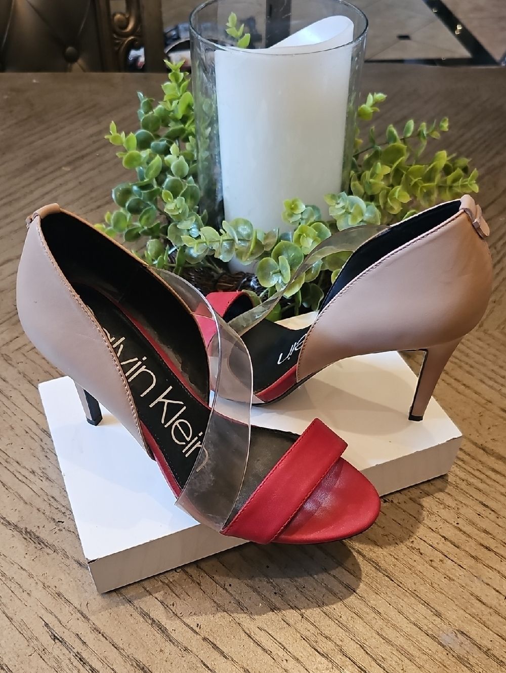 Calvin Klein Red and Nude D'Orsay Heels with Clear Panel Size 7